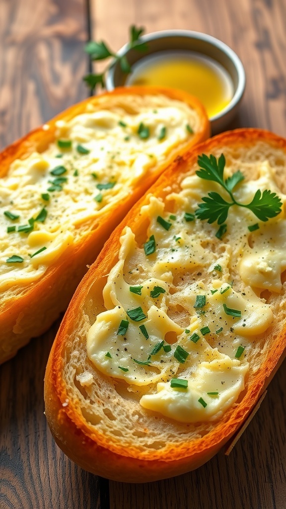 Golden garlic bread sliced in half, topped with garlic butter and parsley, on a rustic wooden table.